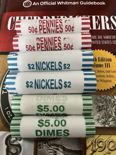 1980-2025 Dimes 2 - Nickel 2-Pennies Unsearched Rolls Lot 6 Rolls Error, Silver, Wheat