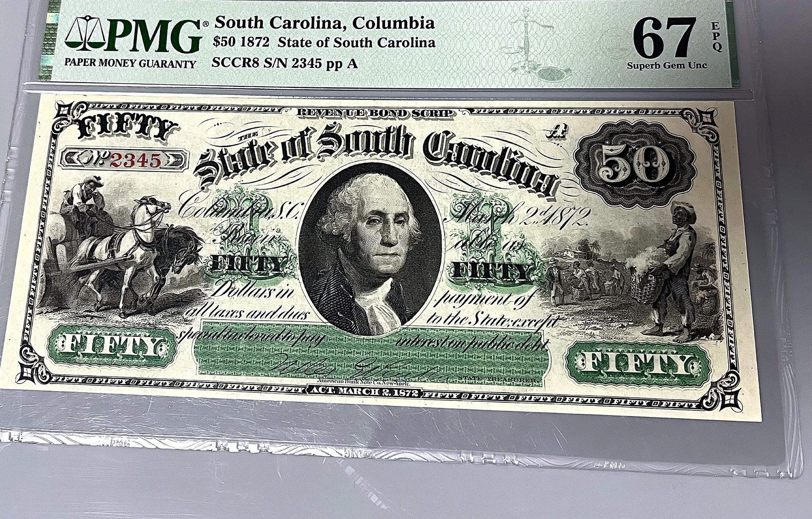 1872 Columbia South Carolina $50, PMG 67 Superb Gem Unc, Serial 2345, SCCR8