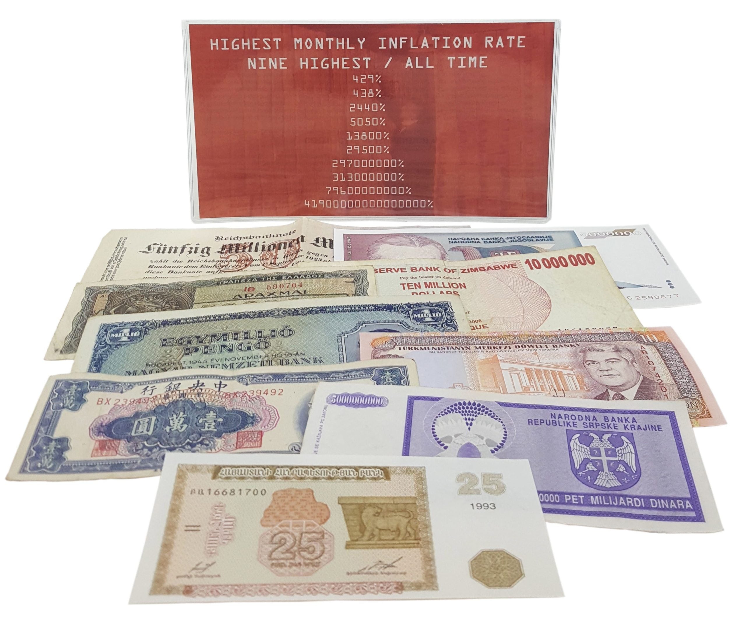 HYPERINFLATION: NINE HIGHEST COUNTRIES ALL TIME (nine banknotes)  (Billfold)