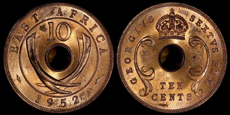 EAFR KM34, lot of 6, The East Africa 10 Cents KM#34 coin was minted between 1949 and 1952 during the reign of King George VI. These coins were issued by the British colonial administration for circulation in East African territories, including Kenya,