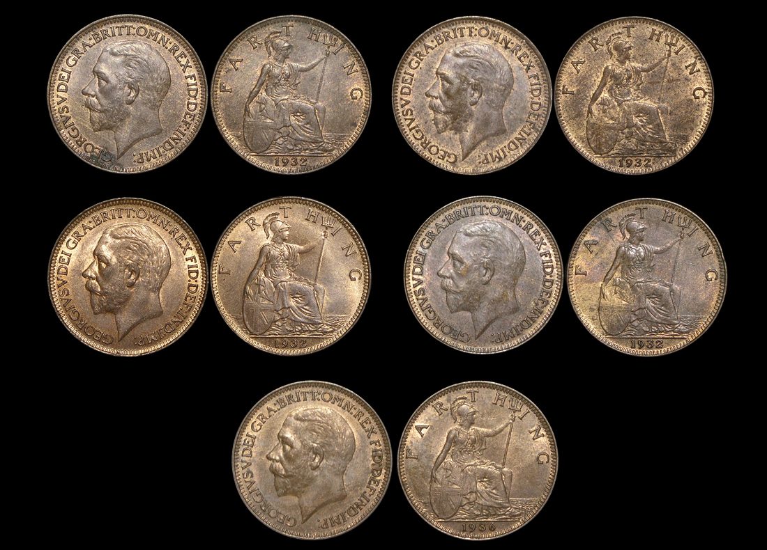 Great Britain, George V (1910 to 1936), Bronze Farthings  (5), UNC with some lustre, a few spots, a lot of (5) coins