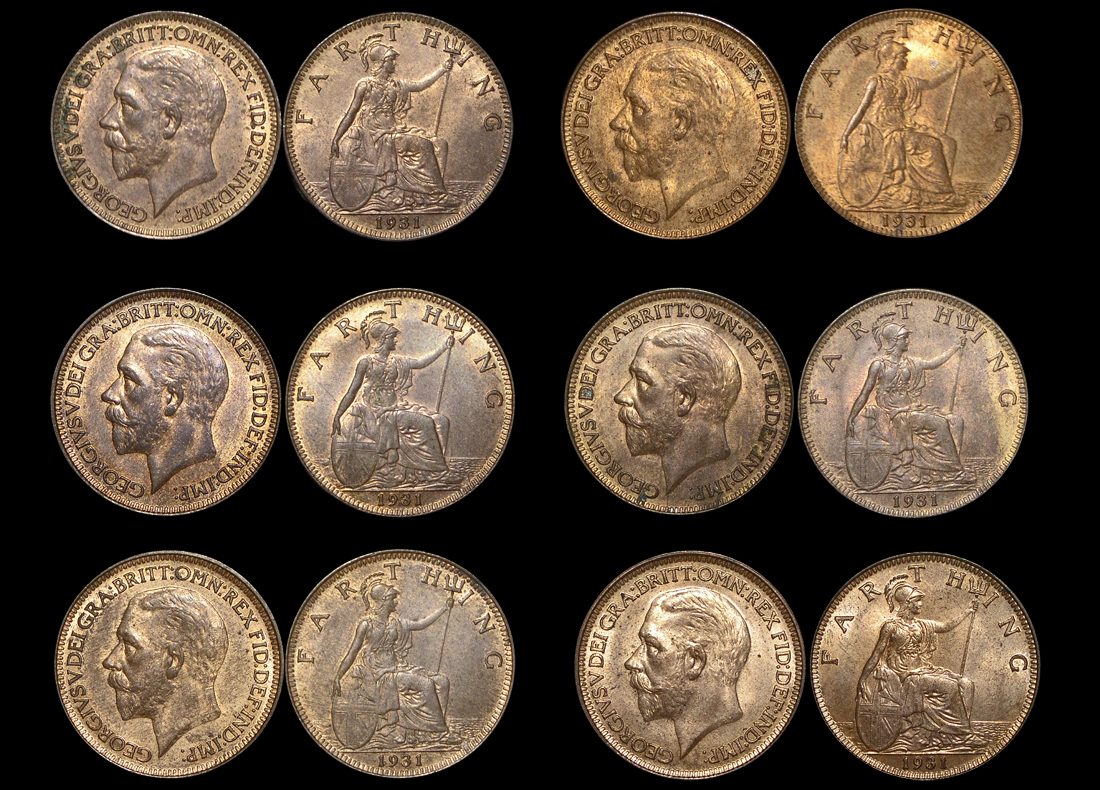 Great Britain, George V (1910 to 1936), Bronze Farthings  (6), UNC with some lustre, a few spots, a lot of (6) coins