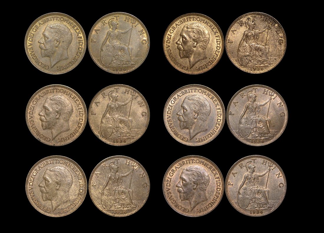 Great Britain, George V (1910 to 1936), Bronze Farthings  (6), UNC with some lustre, a few spots, a lot of (6) coins