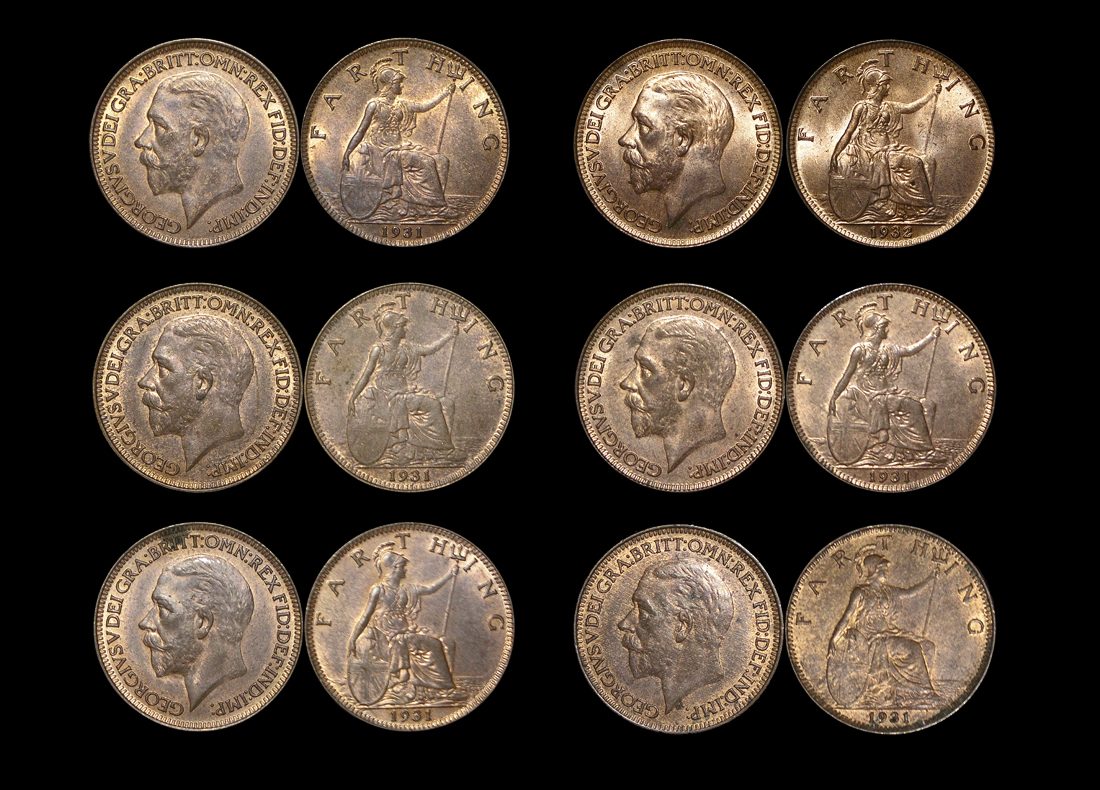 Great Britain, George V (1910 to 1936), Bronze Farthings  (6), UNC with some lustre, a few spots, a lot of (6) coins