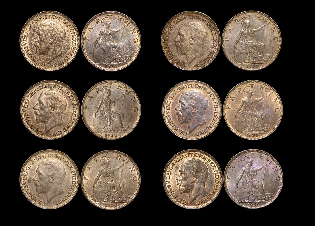 Great Britain, George V (1910 to 1936), Bronze Farthings  (6), UNC with some lustre, a few spots, a lot of (6) coins