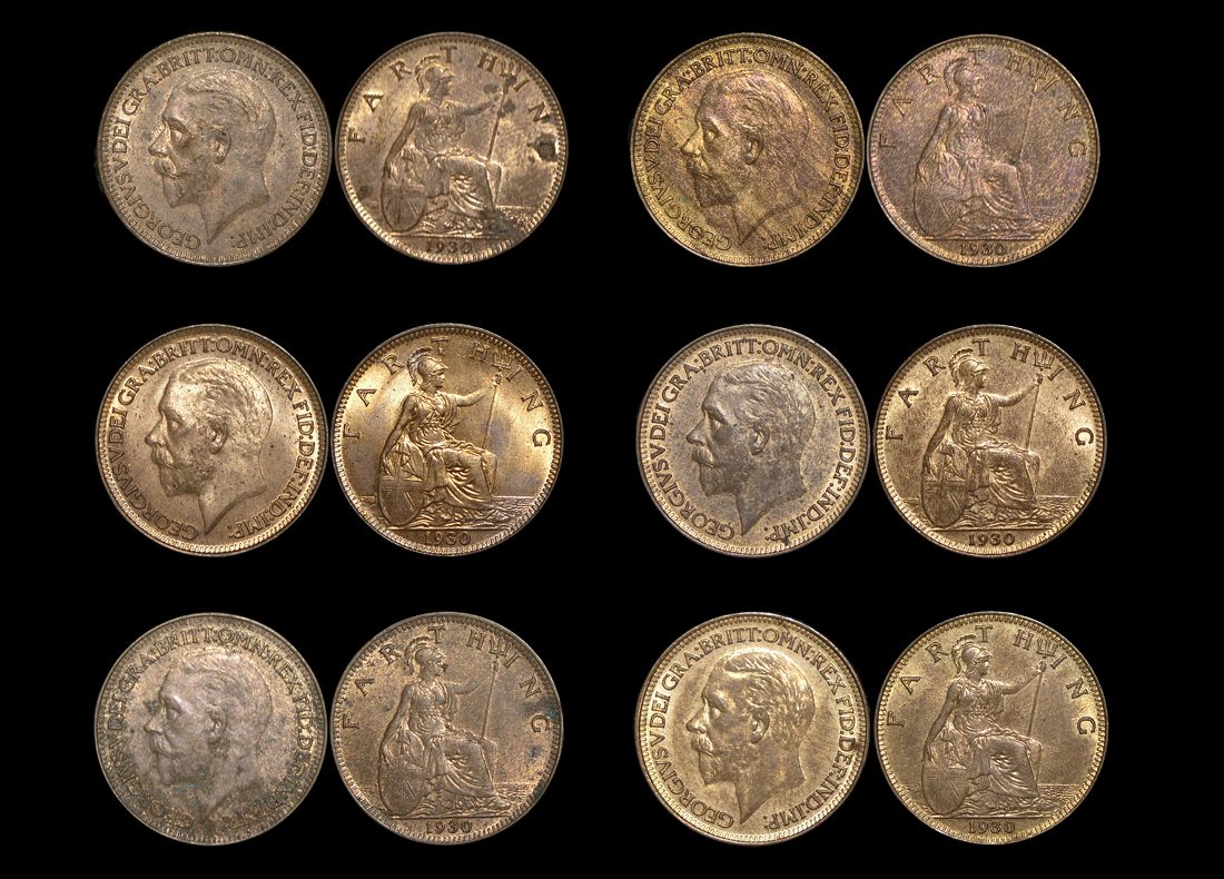 Great Britain, George V (1910 to 1936), Bronze Farthings  (6), UNC with some lustre, a few spots, a lot of (6) coins