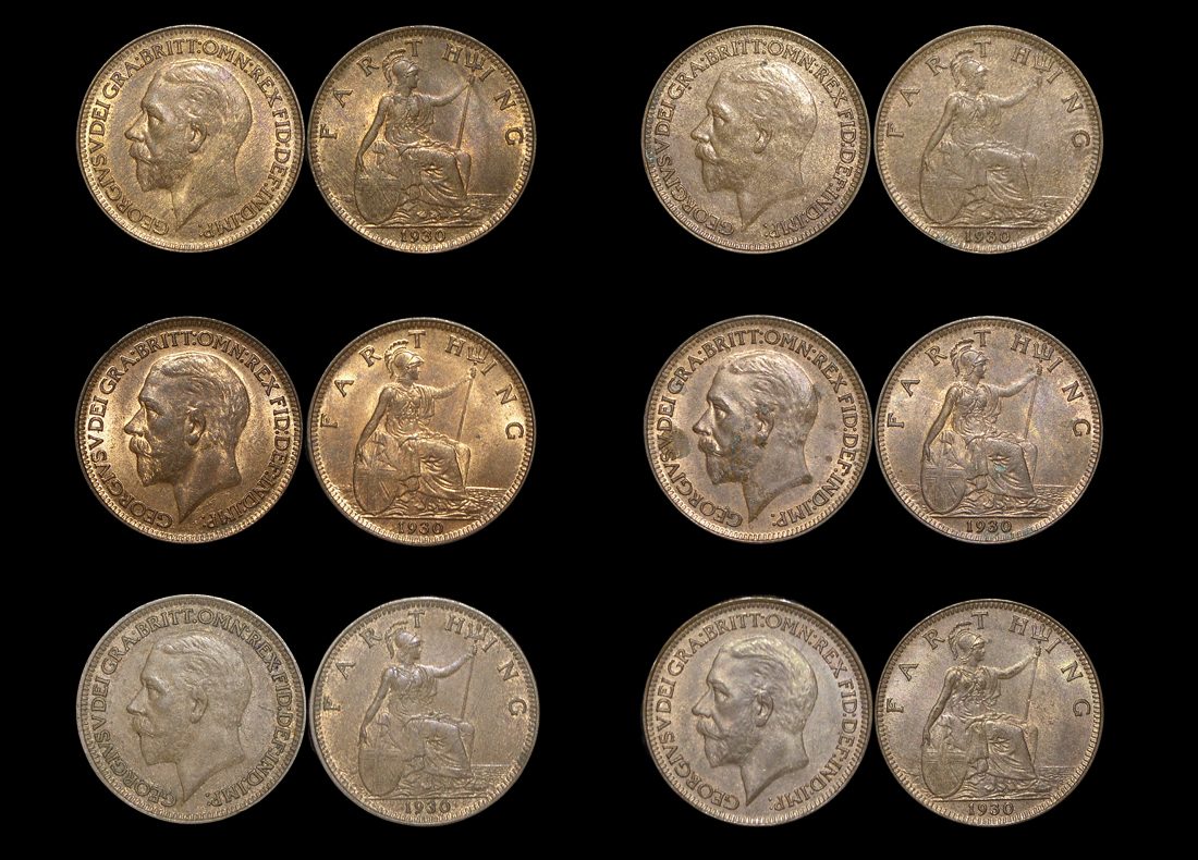 Great Britain, George V (1910 to 1936), Bronze Farthings  (6), UNC with some lustre, a few spots, a lot of (6) coins