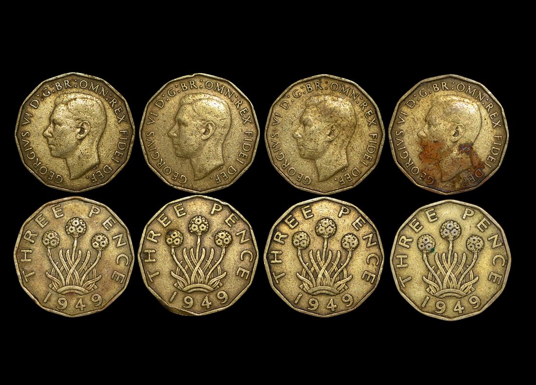 Great Britain, George VI (1936 to 1952), Nickel-Brass Threepence, 1949, RARE DATE, KM# 873, VF, some staining, a lot of (4) coins