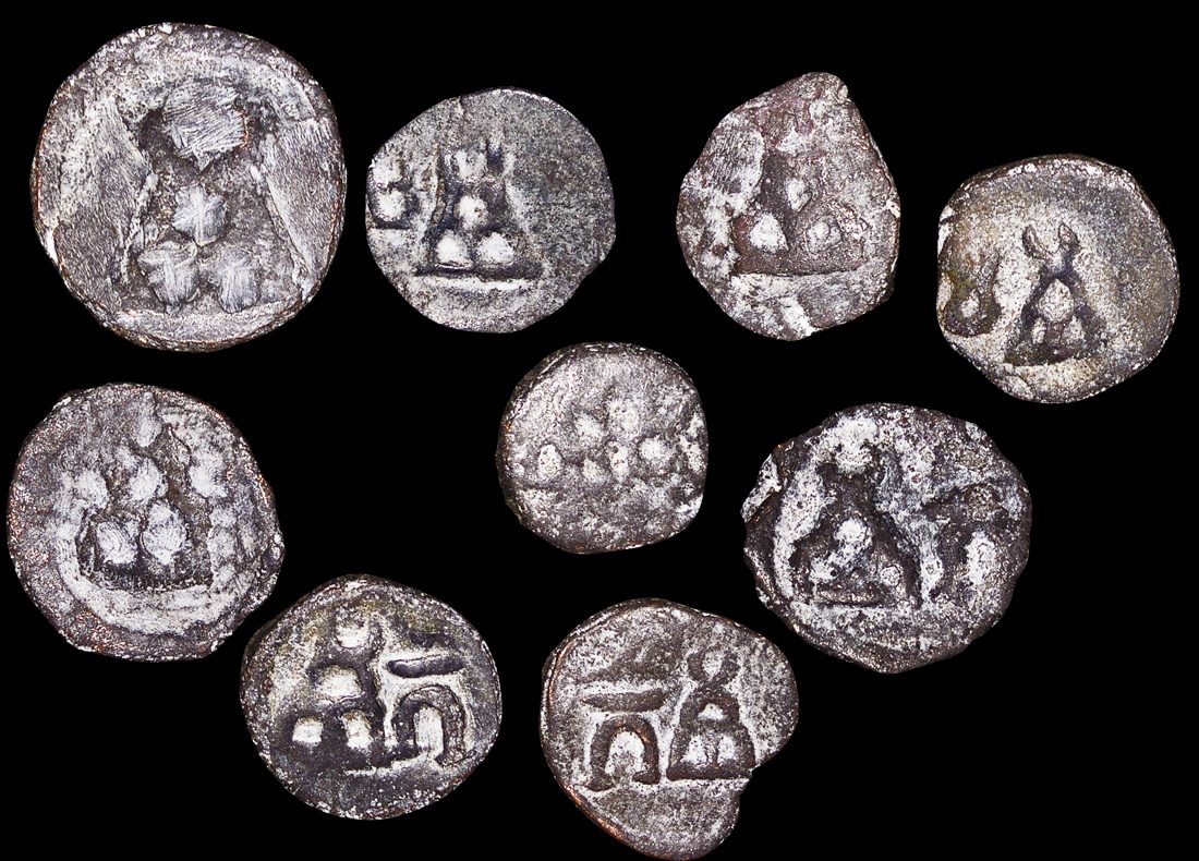 Ancient India, Taxila-Pushkalavati City Coinage (2nd Century BCE), 1/4 Karshapana, a lot of (9) coins