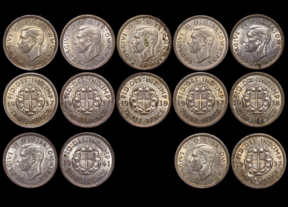 Great Britain, George VI (1936 to 1952), Silver Threepences 1937(4), 1938(1), 1939(1), 1941(1) UNC, a lot of (7) coins