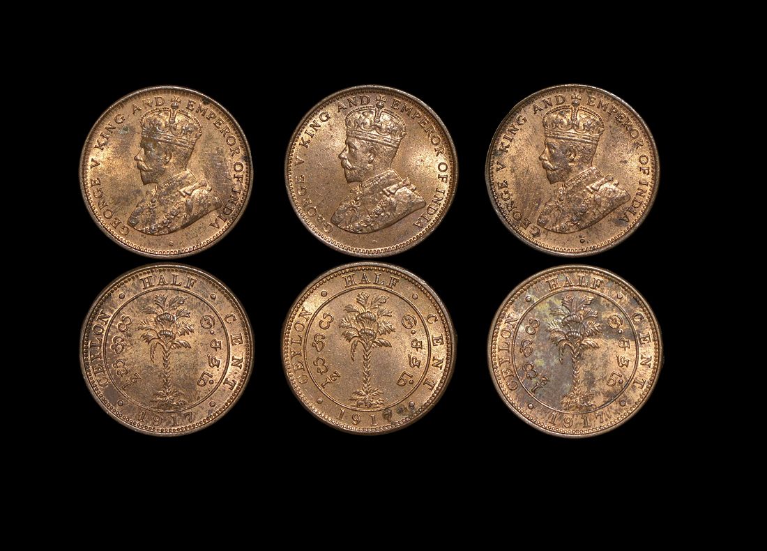 Ceylon, George V (1910 to 1936), Copper 1/2 Cent, 1917 (3) KM 106 (3), UNC with lustre, a lot of (3) coins