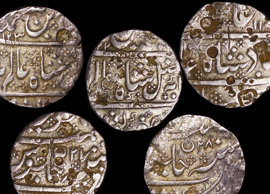 French India, Pondicherry, struck in the name of Shah Alam II (1764 to 1807 CE) with an Arcot mint signature, Silver Rupee with shroff marks(VF)