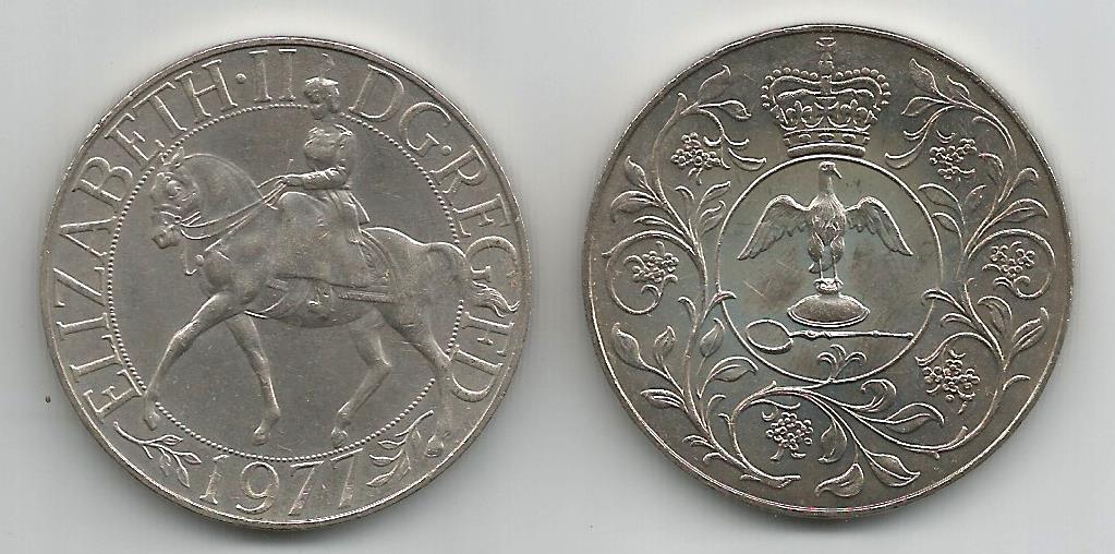 GREA KM920, lot of 10, Issued in 1977 to commemorate the Silver Jubilee of Queen Elizabeth II, this large crown celebrates the 25th anniversary of Her Majesty’s accession to the throne. Obverse: Portrait of Queen Elizabeth II facing right, designed