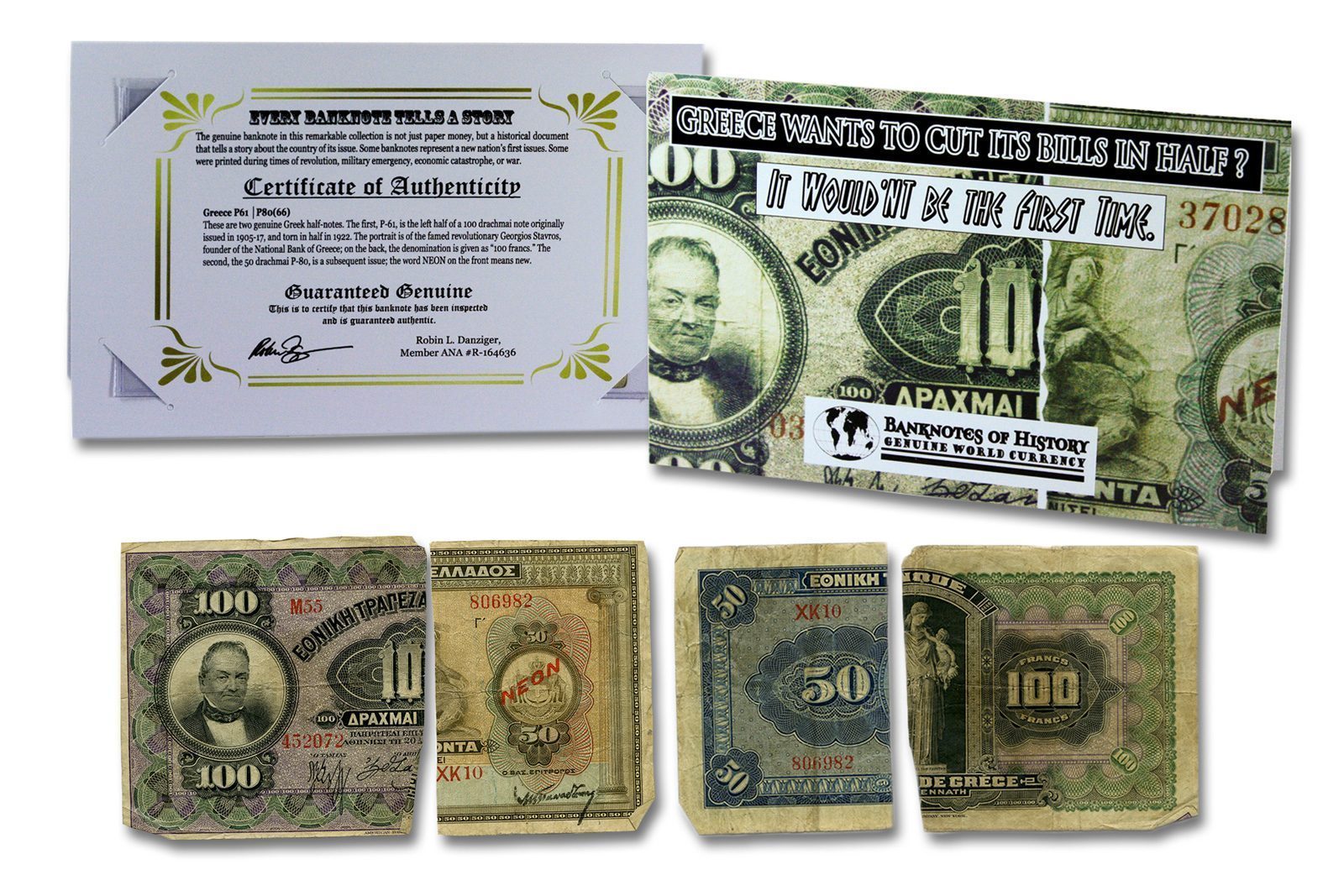 Two Greek Drachmai Half Notes Banknote Folder