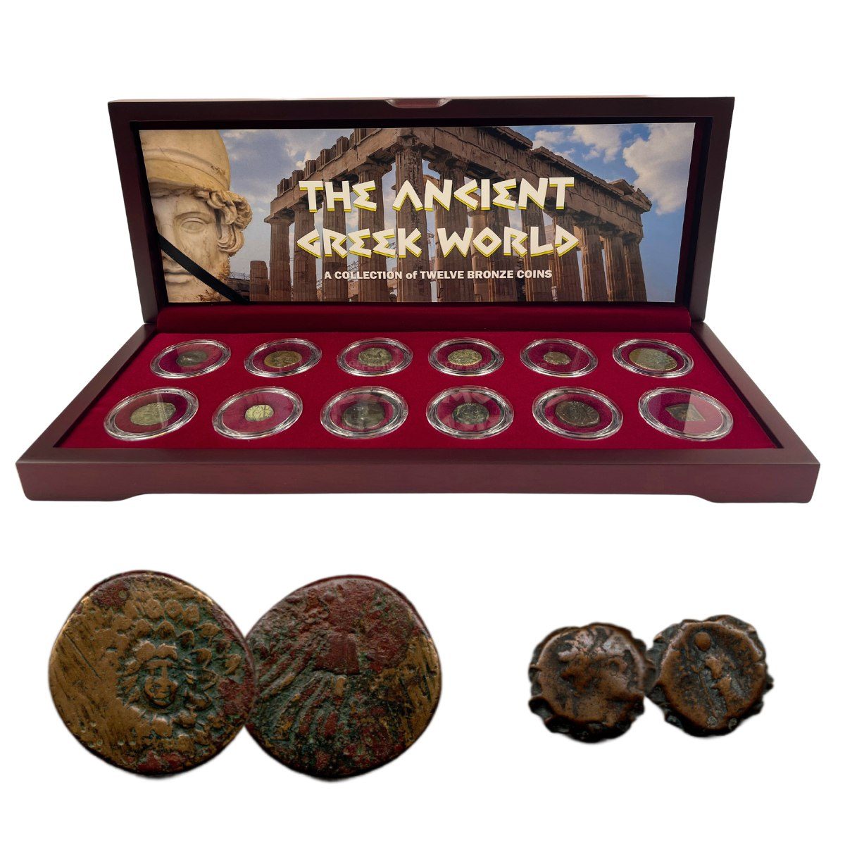 The Greek World: Box of 12 Bronze Coins from the Time of Ancient Greece (wooden boxed collection)