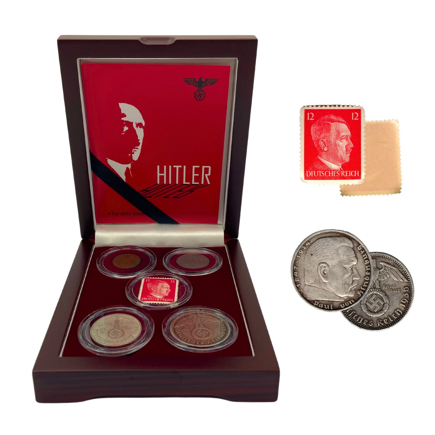 Adolf Hitler: A collection of four coins and one stamp (Five, Coin Box)
