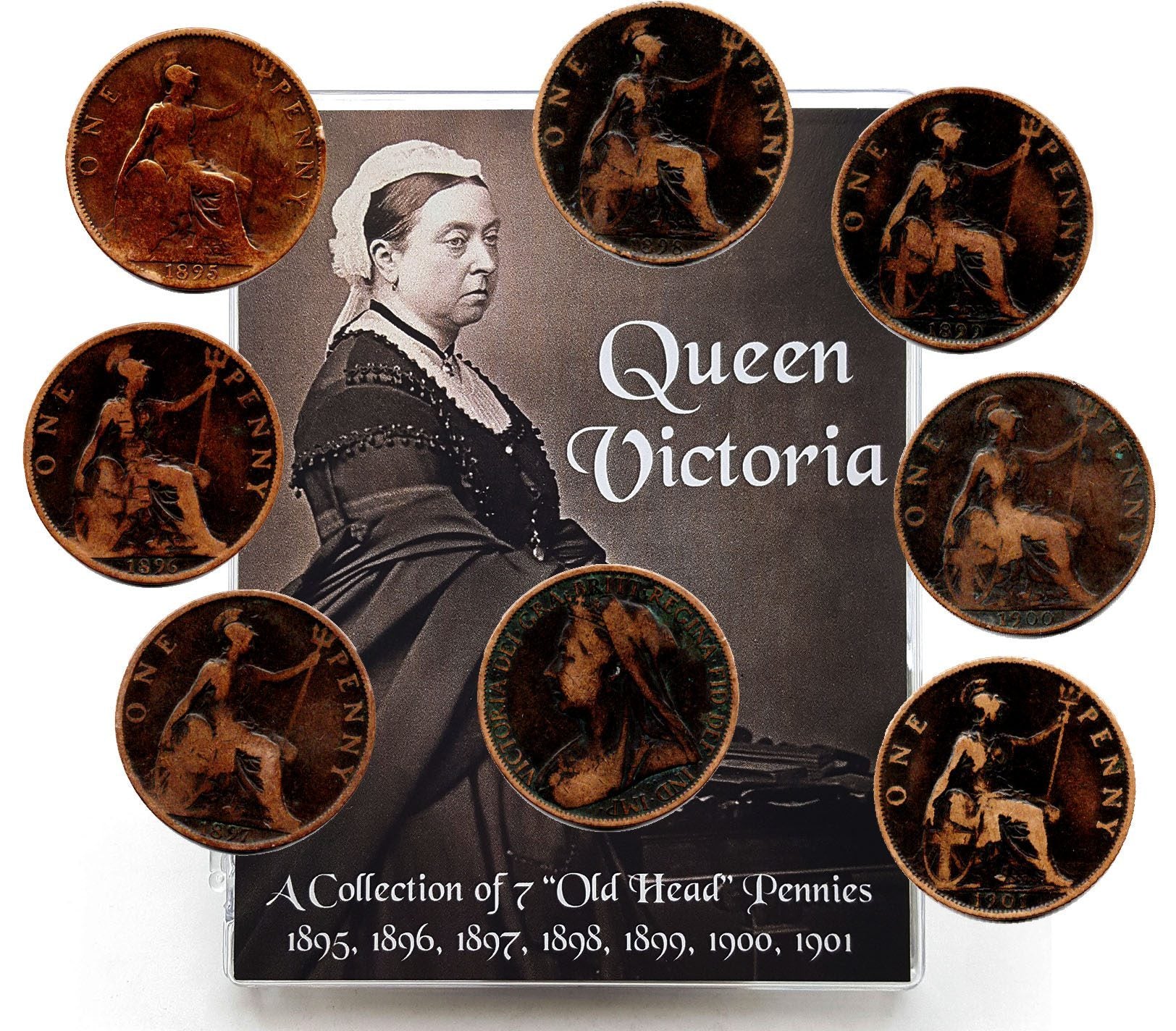 Queen Victoria: A Collection of 7 "Old Head" Pennies, 1895, 1901 (Clear Box)
