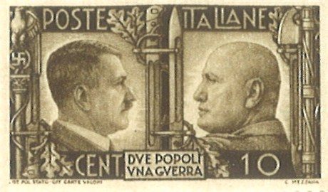 Italian stamp of Mussolini and Hitler, bare-headed