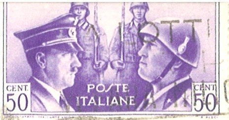 Italian stamp, Mussolini and Hitler, helmeted