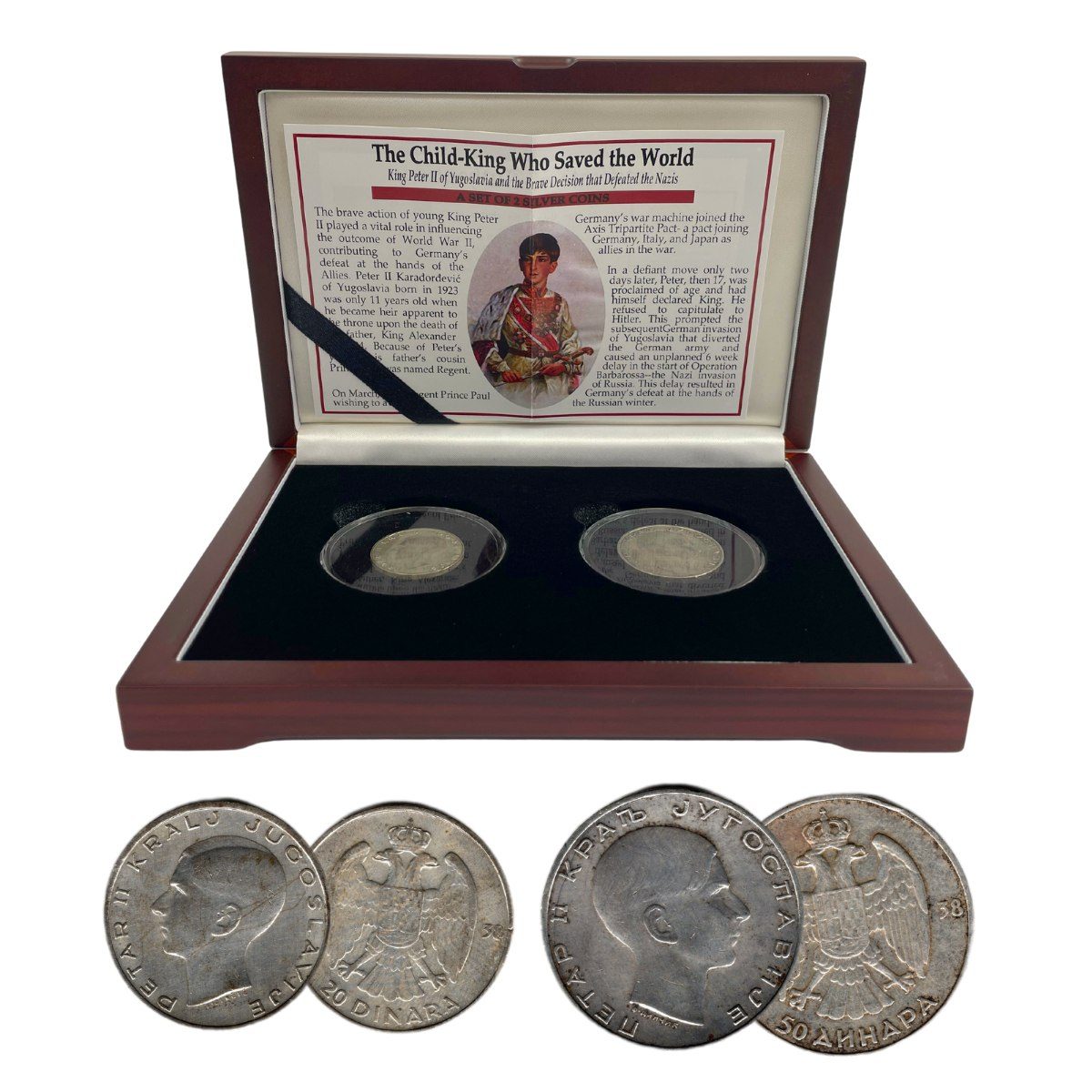 Child King Who Saved the Wold: Yugoslavia's Peter II Box of 2 Silver Coins (Two, Coin Box)